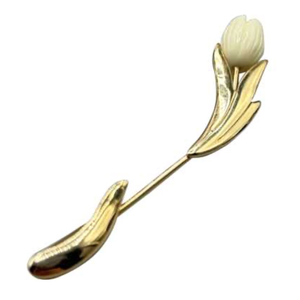 Rare Vintage Avon Gold Hawaiian Pikake Tulip Carved Flower Stick Brooch Pin
